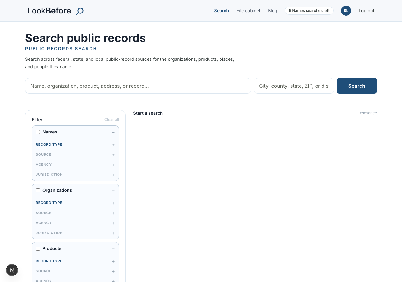 The LookBefore search page: keyword box, location box, and the category filter rail