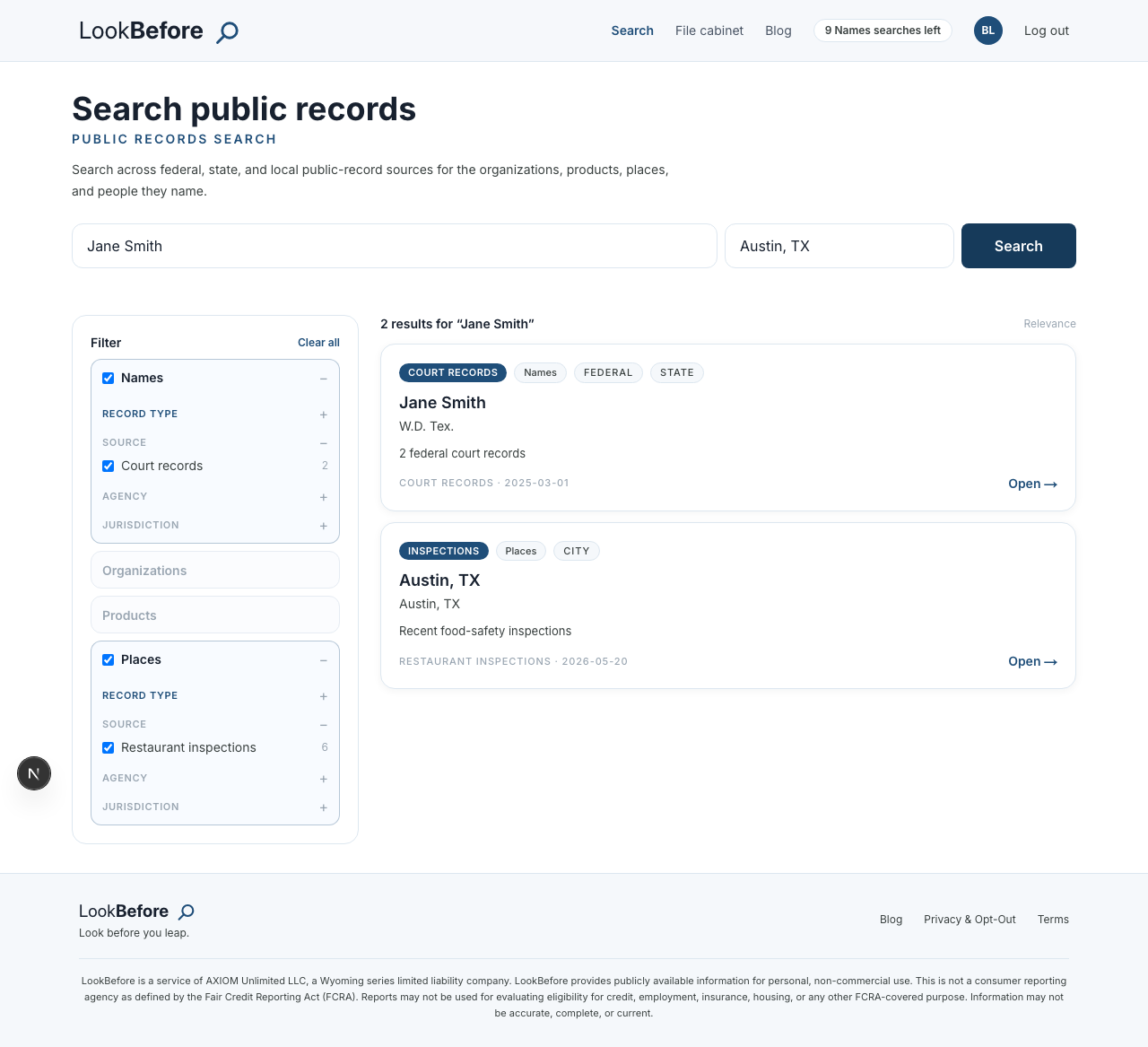 Search results for Jane Smith in Austin TX, with the filter rail showing Court records and Restaurant inspections selected